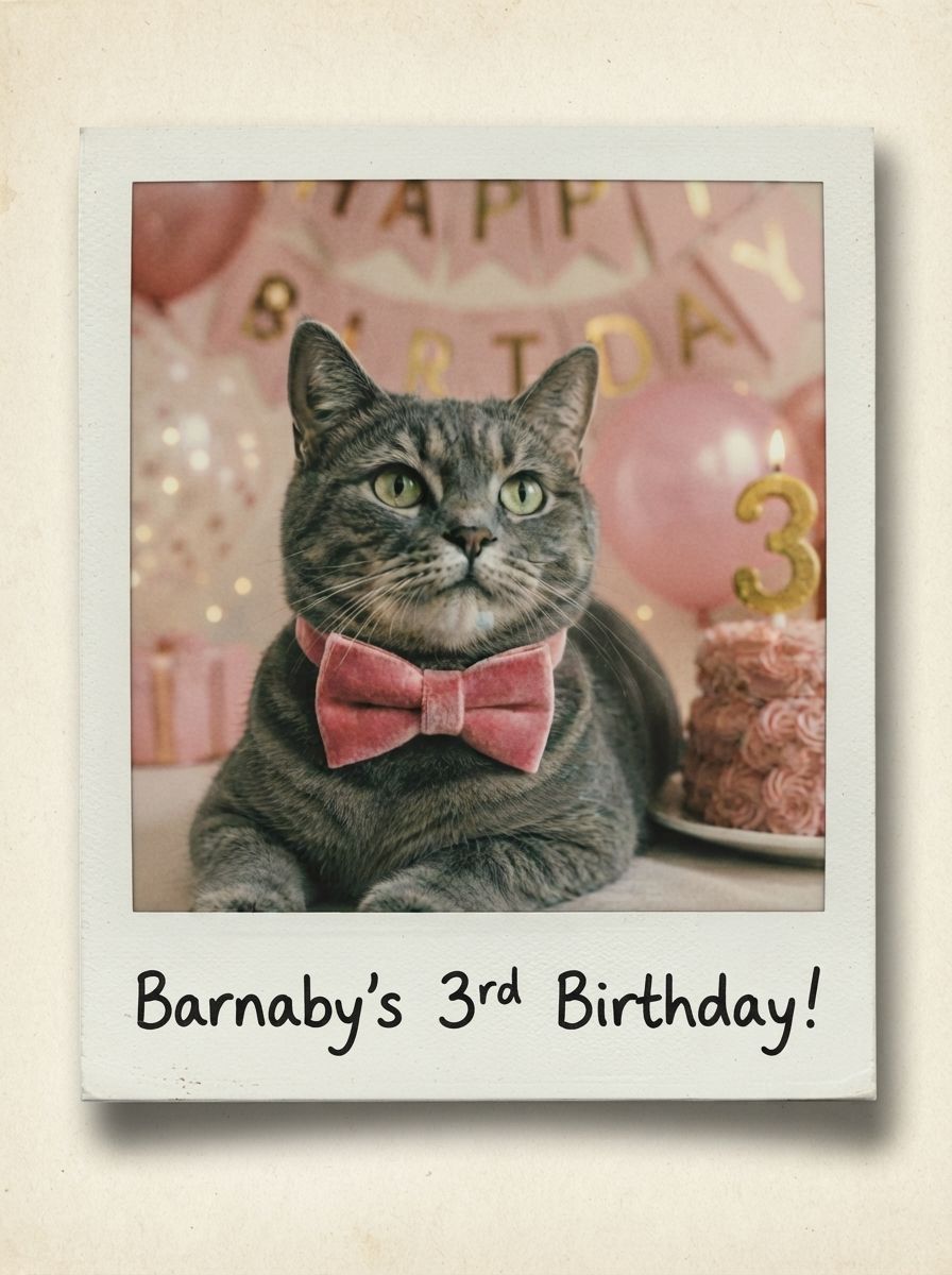 polaroid d'un chat gris portant un collier pour chat avec un nœud papillon rose en velours élégant pour son anniversaire
