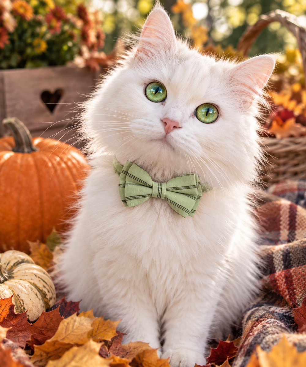Chat blanc portant un collier pour chat avec un nœud papillon vert rayé