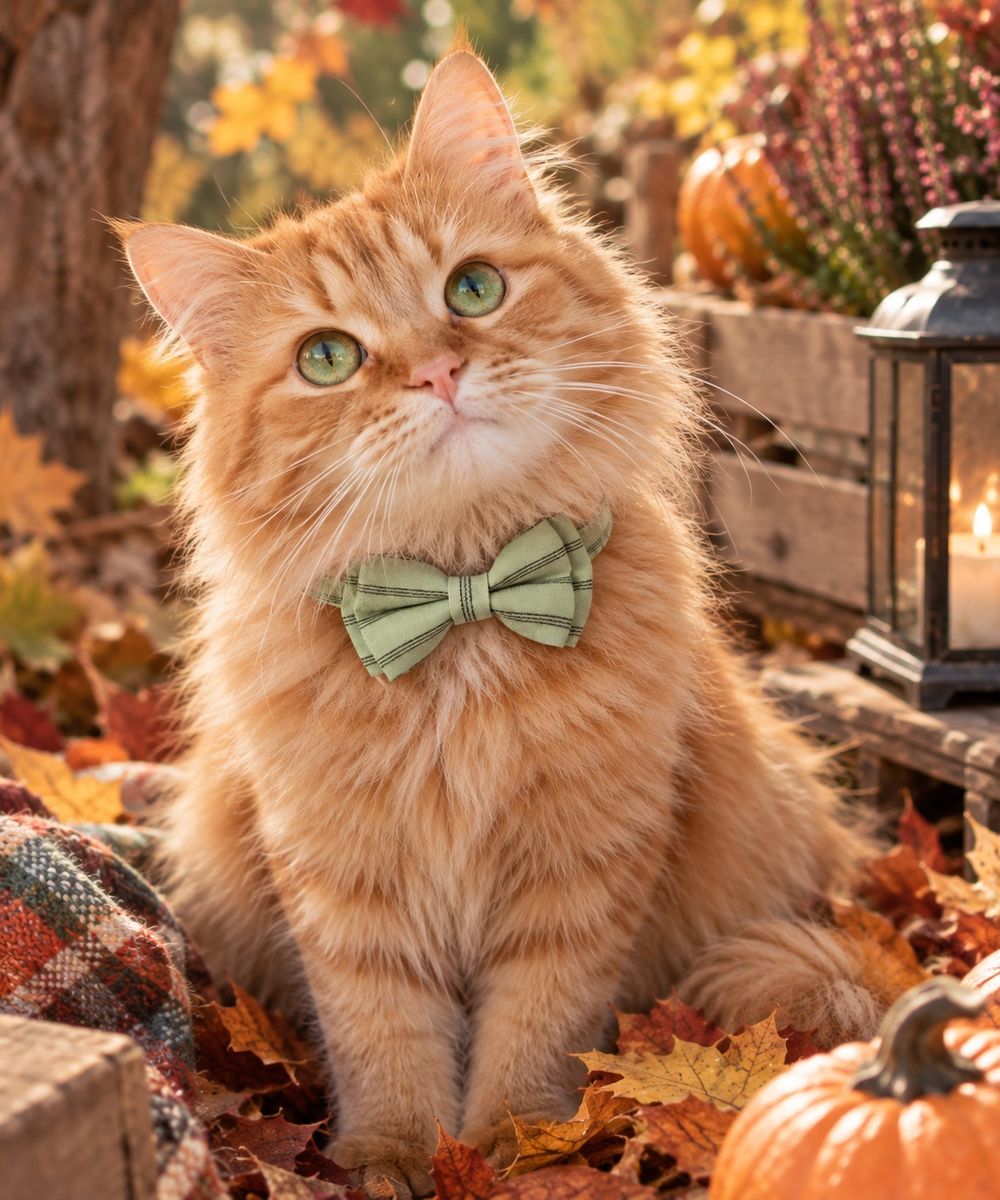 Chat roux portant un collier pour chat avec un nœud papillon vert rayé